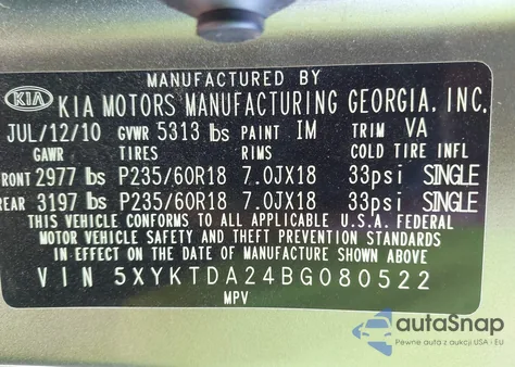 2011 Kia Sorento Lx V6 from USA, damaged, VIN 5XYKTDA24BG080522